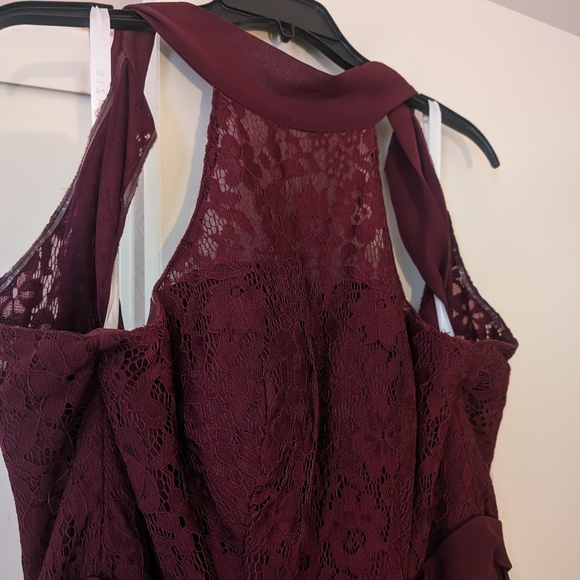 Wine Lace/Chiffon Halter long Azazie bridesmaid gown size A10 - Picture 3 of 4
